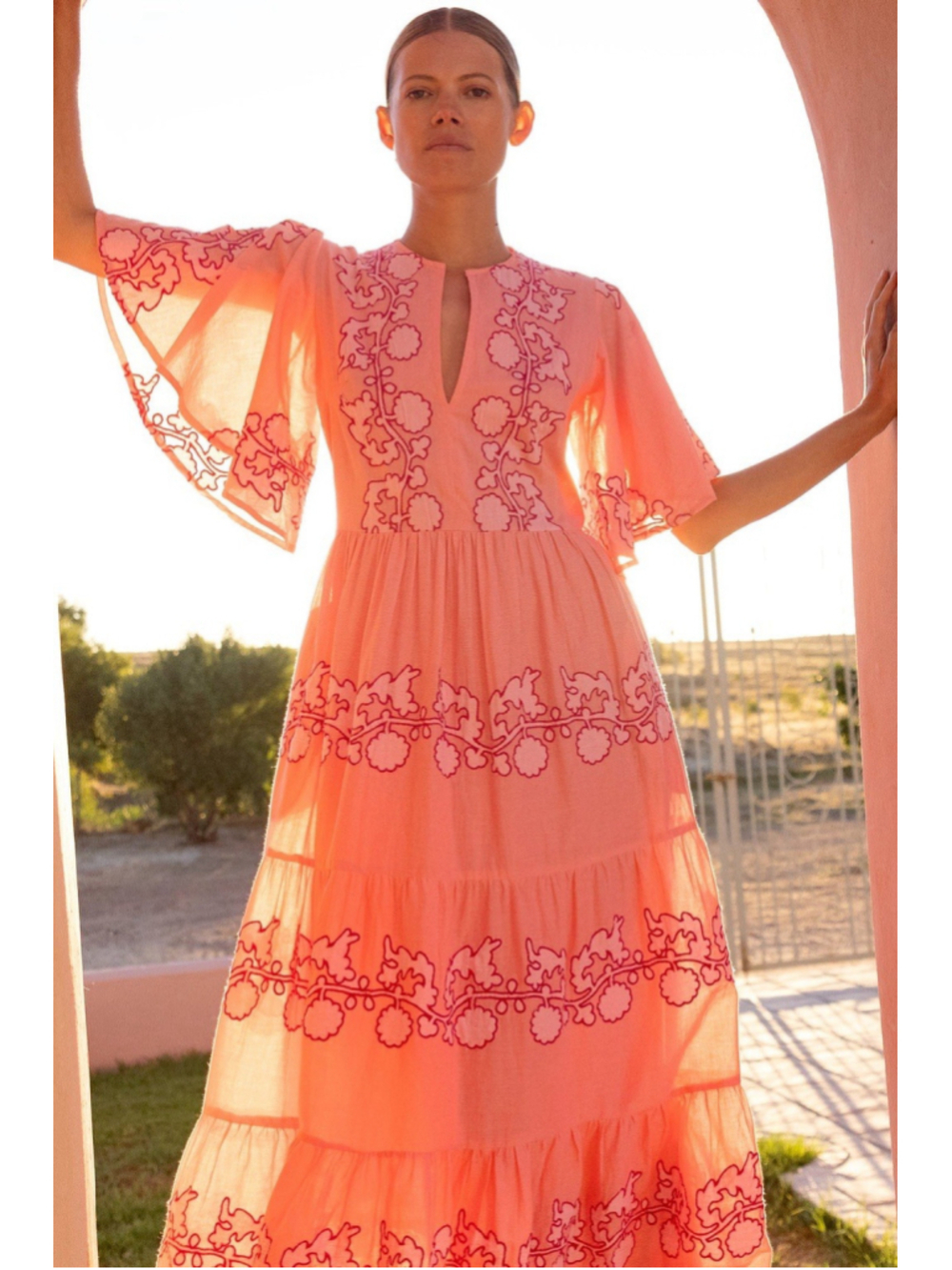 Oliphant Flirty V Neck Maxi Tiered Dress Tangier Pink Flutter Sleeve Embroidery - Picture 6 of 13